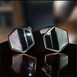 CHARLES TYRWHITT STERLING SILVER MOTHER OF PEARL ONYX CUFF LINKS